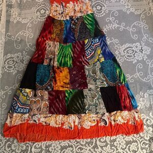Sacred Thread Red and Orange Patchwork Maxi Skirt Elastic Waist Size Small 2-4-6